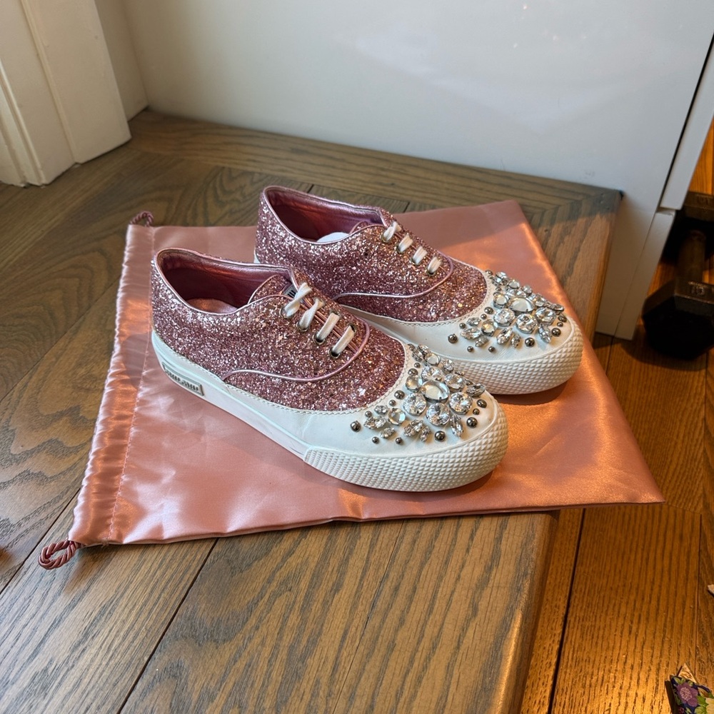 Miu Miu Pink Glitter Jeweled Low-Top Sneakers